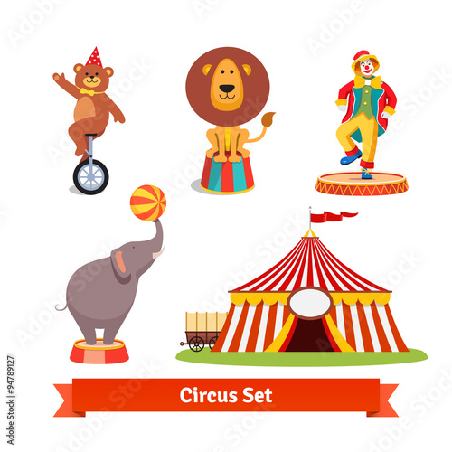 Circus animals, bear, lion, elephant, clown