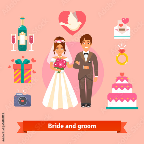 Bride and groom with wedding icons set