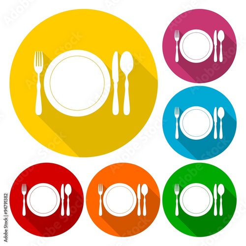 Restaurant icons set with long shadow