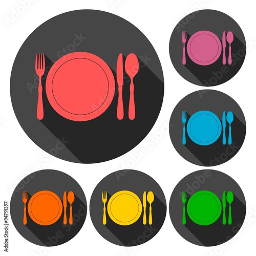 Restaurant icons set with long shadow