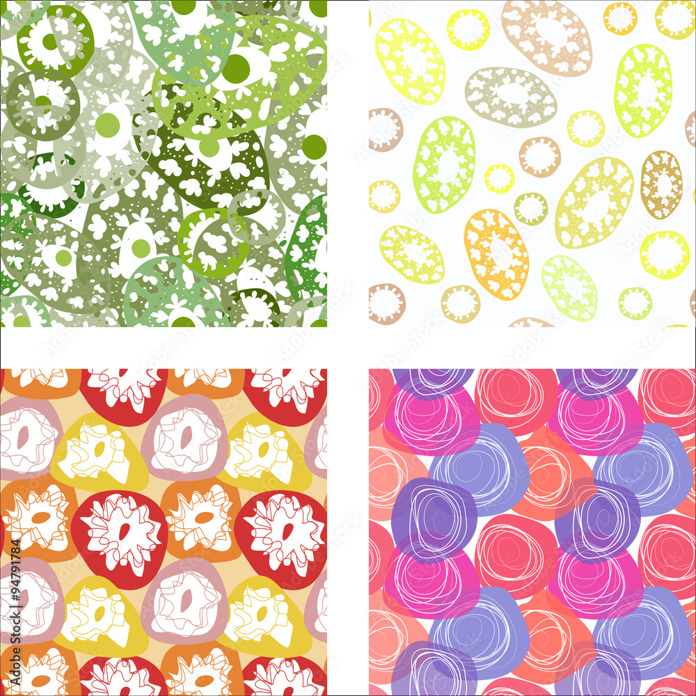 Set of seamless patterns with colorful abstract flowers