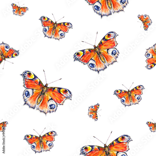 Peacock butterflies on a white background. Watercolor drawing. Insects art. Handwork. Seamless pattern