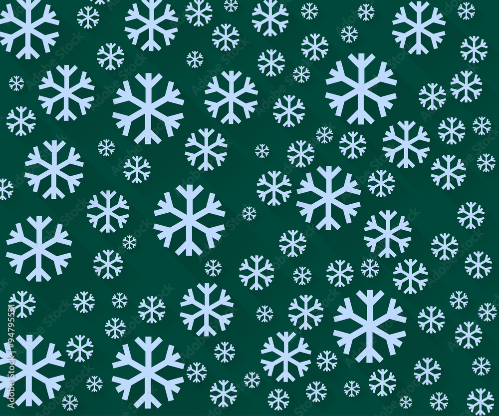 Snowflakes on a dark green background. Winter background. Vector illustration in a flat style with long shadows