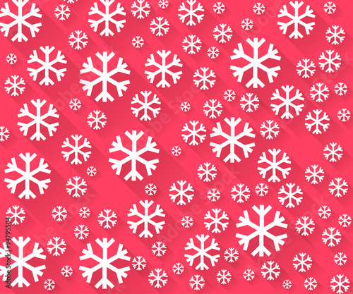 Snowflakes on a pink background. Winter background. Vector illustration in a flat style with long shadows.
