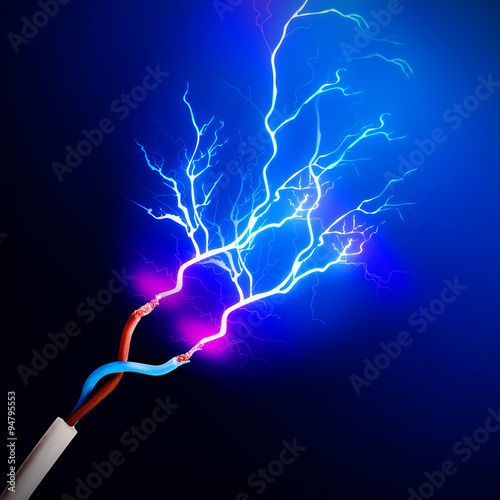 Foto Electric cables with glowing electricity lightning, close up