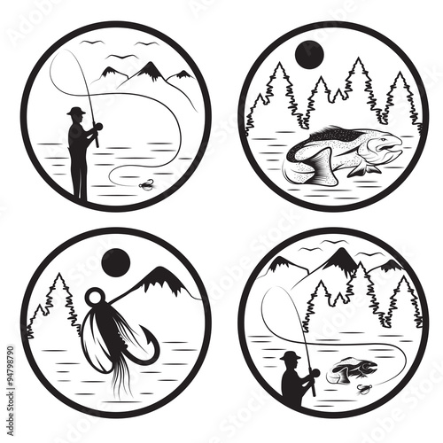 set of vintage labels with fishing theme