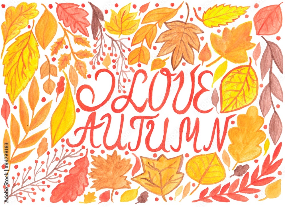 Hand drawn watercolor autumn leaves, twigs. Illustration.