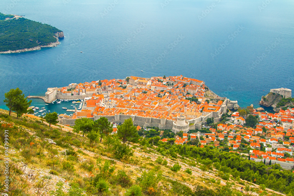Dubrovnik, Croatia, panoramic view on old town from hill