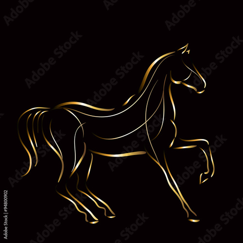 Gold horse`s silhouette with graceful lines in motion. Vector.