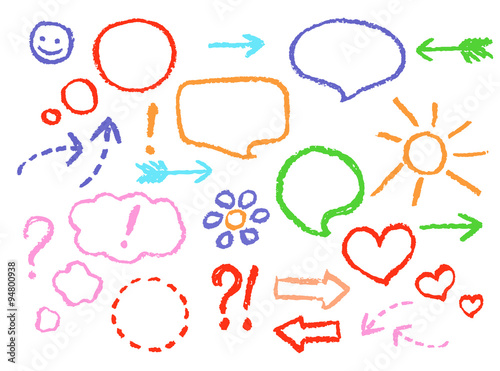 Set of comic speech bubbles and arrows. Colorful pastel chalk crayon hand drawn design elements, vector.