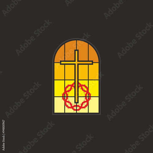 Stained glass window, cross, crown of thorns, icon, church window