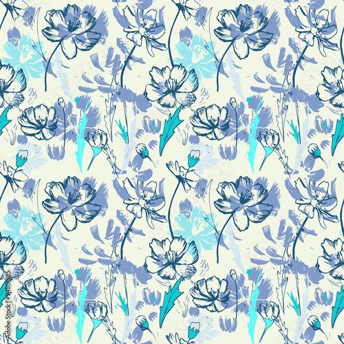 Seamless blue pattern with wildflowers