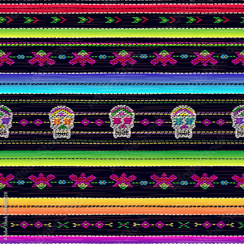 Seamless ethnic mexican fabric pattern with colorful stripes and Catrina`s skull. Repeat straight stripes texture background, vector. Day of the Dead holiday.