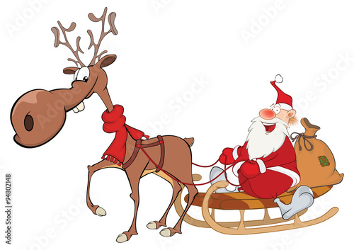 Illustration of a Cute Santa Claus and a Reindeer. Cartoon Character