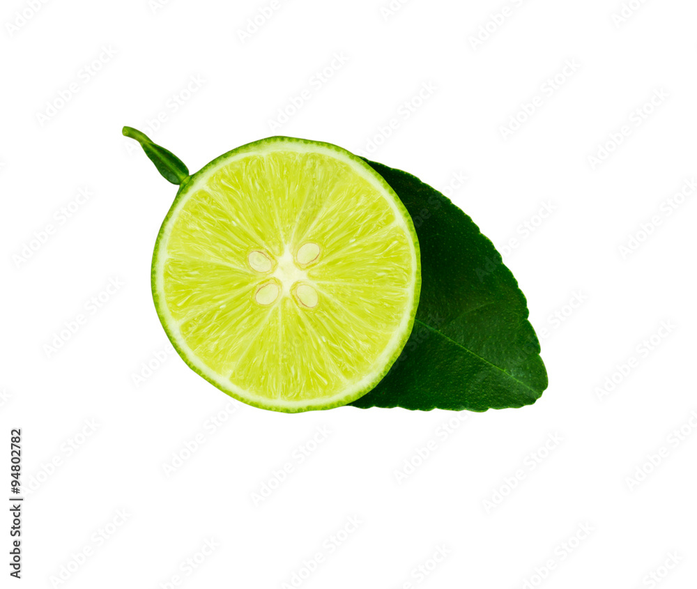 lime and leaf on white background, clipping path