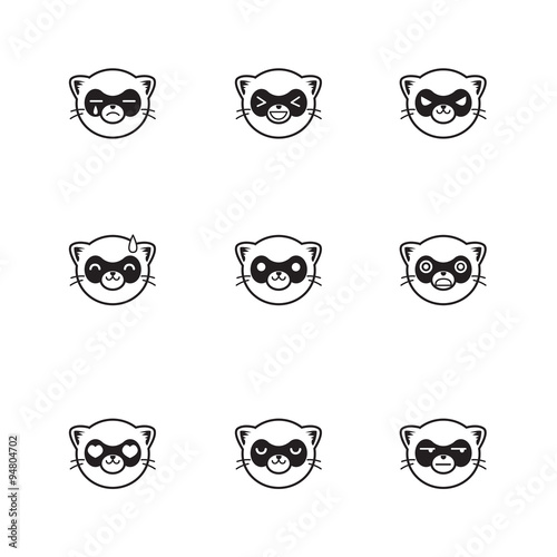 Vector trendy line style set of funny cartoon ferrets faces