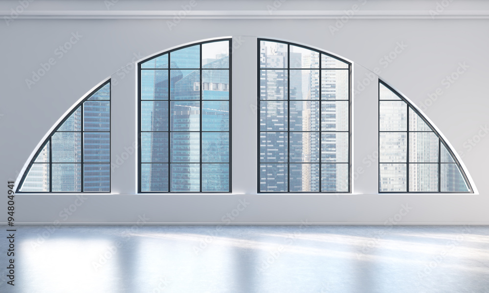An empty modern bright and clean loft interior. Singapore city view. A concept of luxury open space for commercial or residential purposes. 3D rendering.