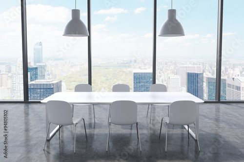 A conference room in a modern panoramic office with New York city view. White table  white chairs and two white ceiling lights. 3D rendering.