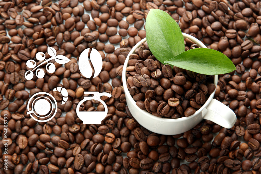 Fototapeta premium Coffee vector icons on coffee beans background