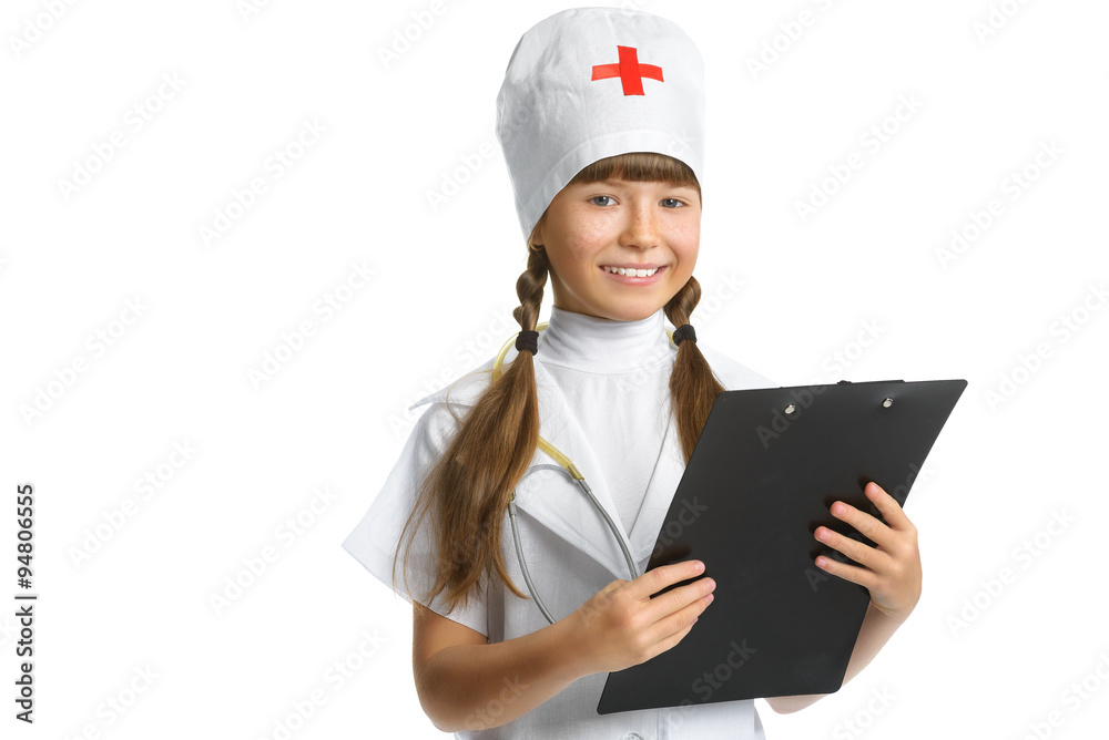 Cute little girl dressed like doctor looking at camera with cheerful smile isolated on white background Cute little girl dressed like doctor looking at camera with cheerful smile isolated on white background