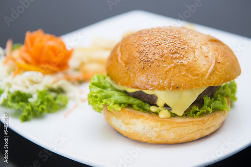 delicious cheese burger with french fries