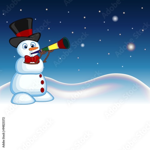 Snowman wearing a hat and a bow ties blowing horns with star, sky and snow hill background for your design vector illustration © warawiri
