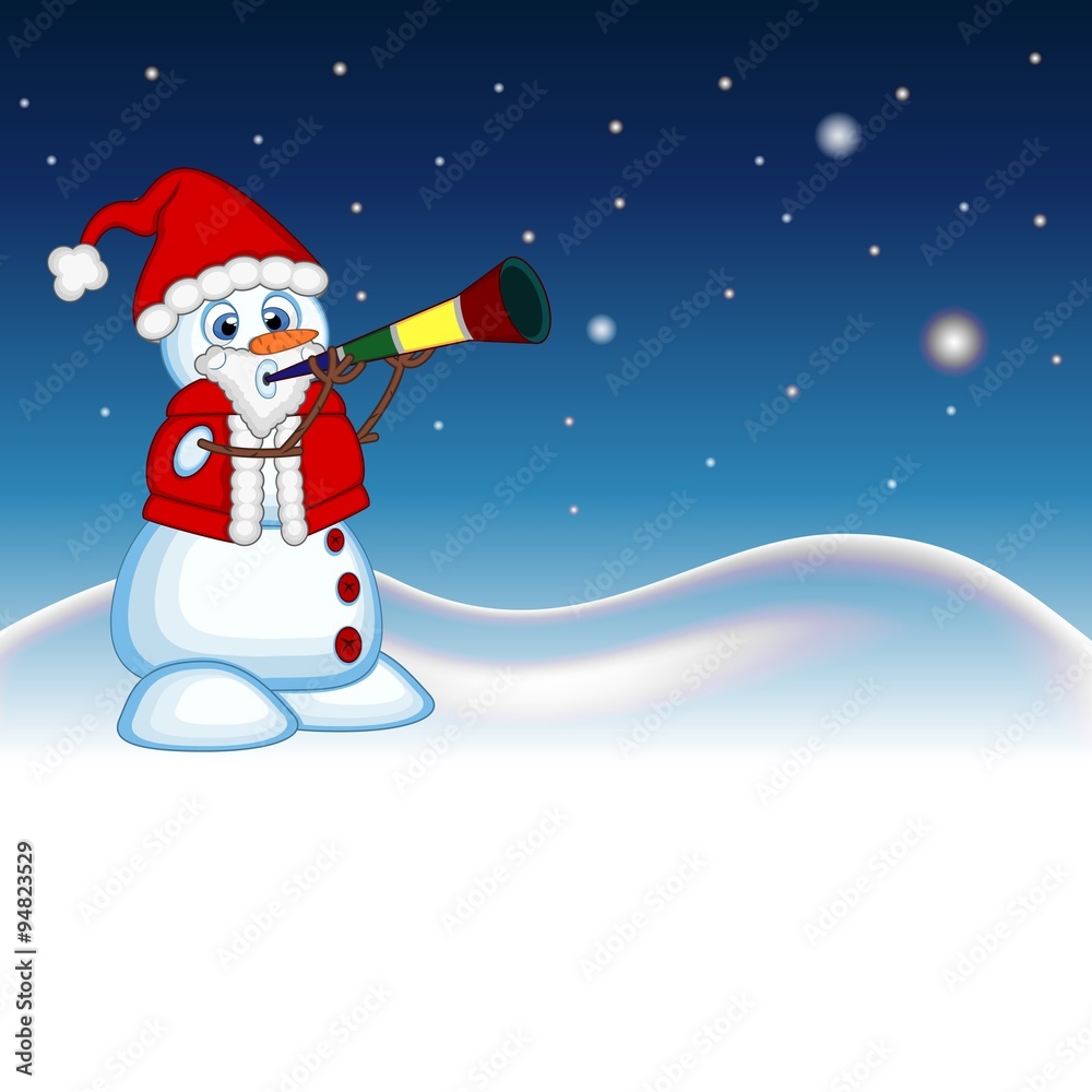 Snowman wearing a Santa Claus costume blowing horns with star, sky and snow hill background for your design Vector Illustration