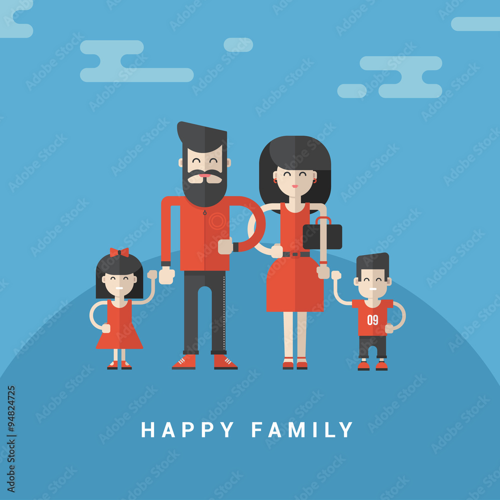 Flat Style Vector Illustration. Happy Family. Parents with Son and Daughter in Red Clothes on Blue Background Flat Style Vector Illustration. Happy Family. Parents with Son and Daughter in Red Clothes on Blue Background