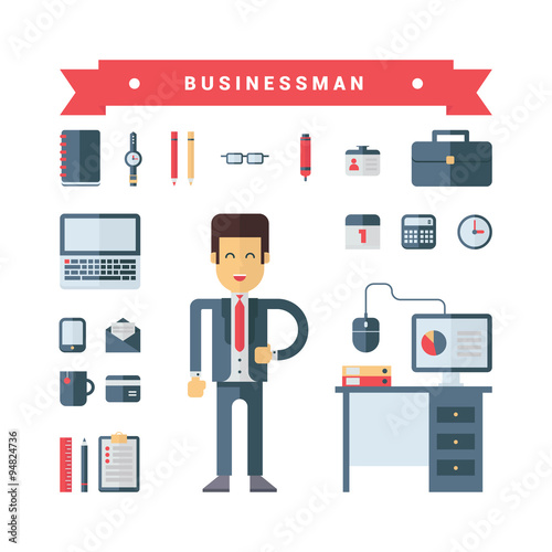 Set of Vector Icons and Illustrations in Flat Design Style. Male Cartoon Character Businessman Surrounded by Business Icons and Devices