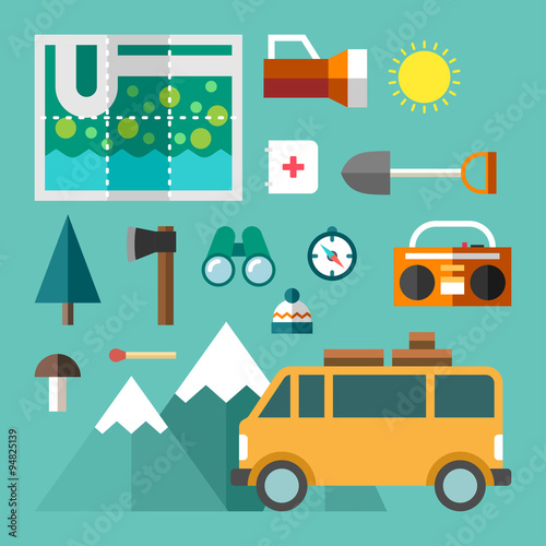 Tourist Equipment. Set of Vector Icons and Illustrations in Flat Design Style