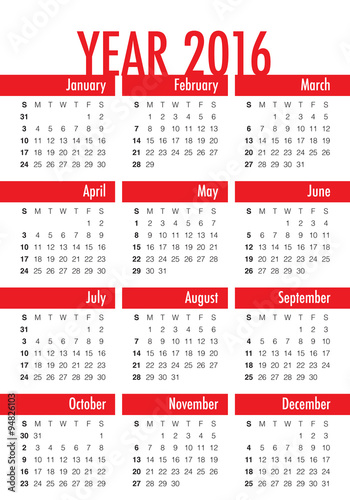2016 Year Calendar