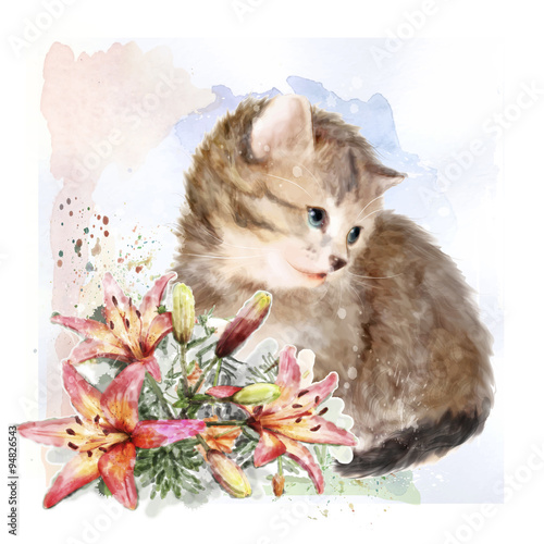 Fluffy kitten with lilies.  Vintage postcard.  Imitation of wate