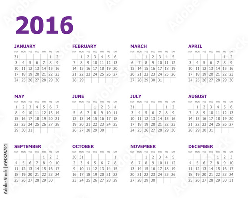 2016 Year Calendar