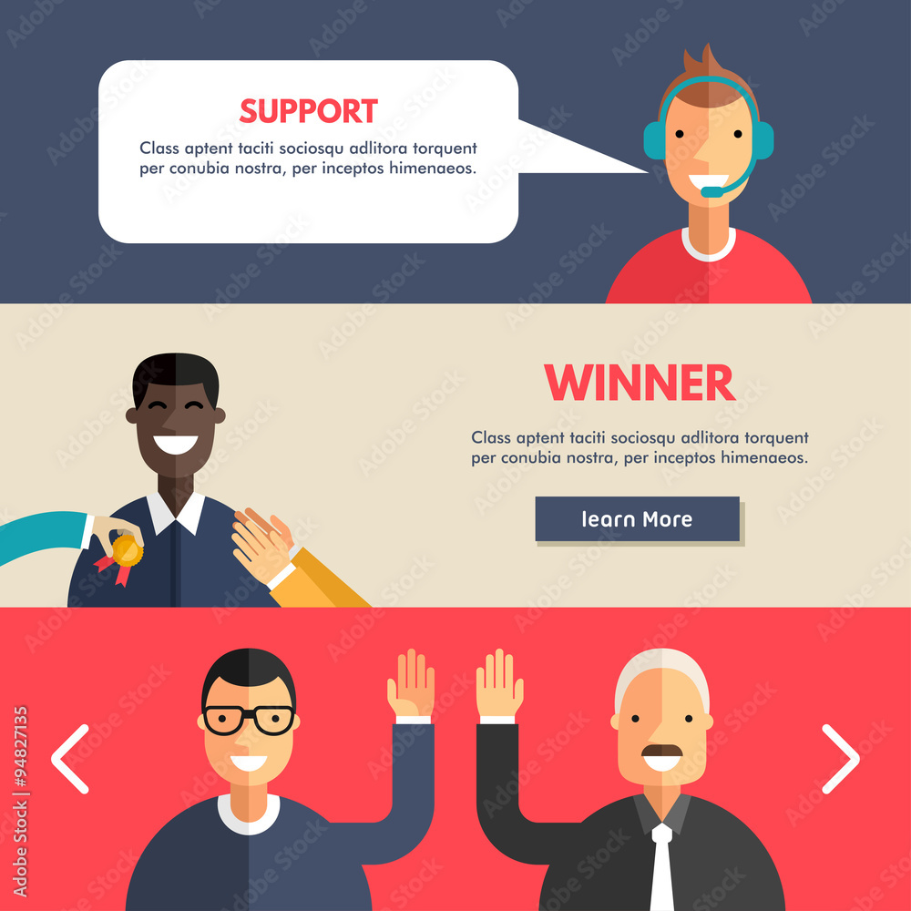 Set of Flat Design Concepts for Web Banners and Promotional Materials. Technical Support, Winner, Partnership Set of Flat Design Concepts for Web Banners and Promotional Materials. Technical Support, Winner, Partnership