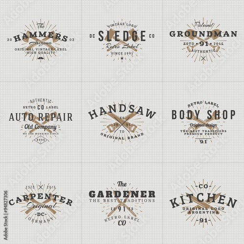 Set of Hipster Vintage Labels, Logotypes, Badges for Your Business. Knife, Axe, Hammer, Wrench. Vector Illustration