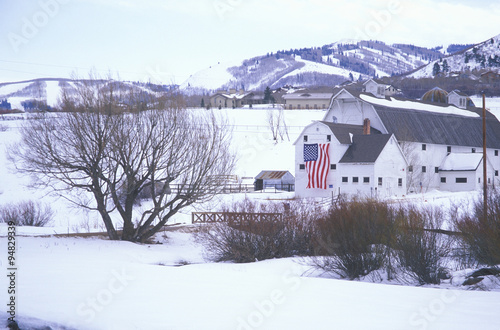 American Flag Hung on Barn in the snow, Park City, Utah