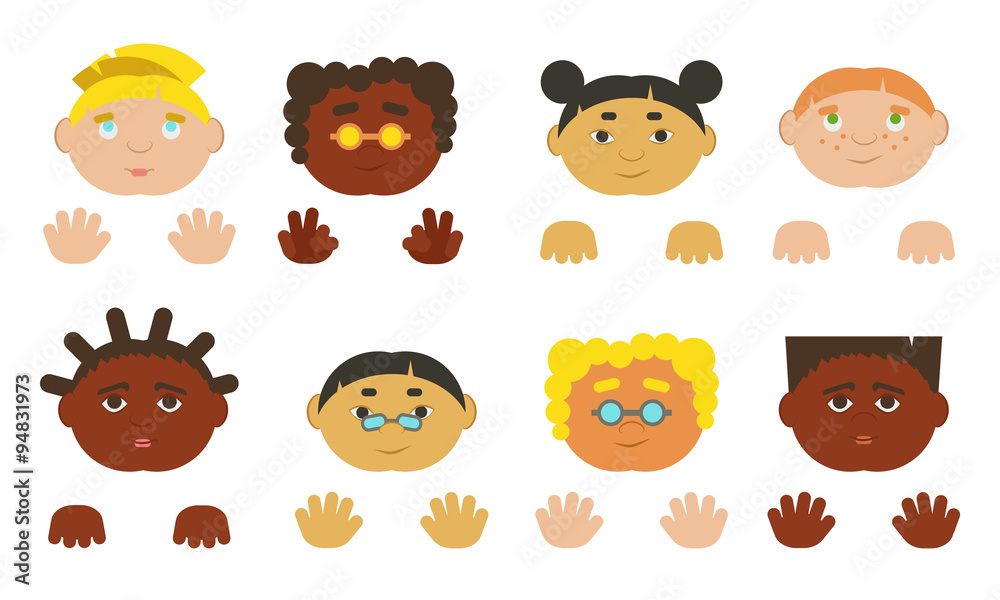 Kids faces and hands. Different ethnics, isolated. Kids faces and hands. Different ethnics, isolated.