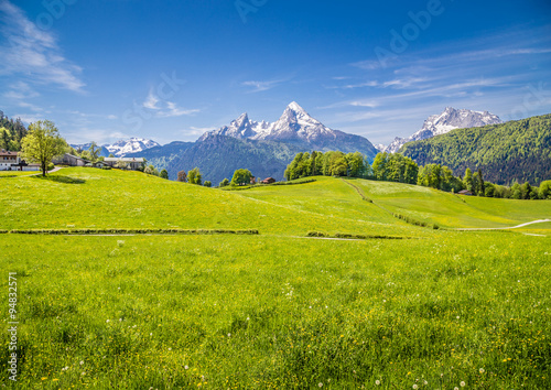 Idyllic landscape in the Alps with green meadows and farmhouse