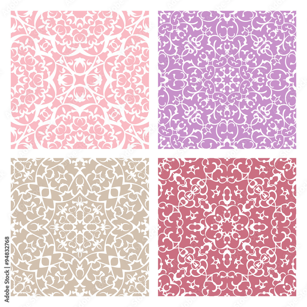 Set of four warm color lacy seamless eastern patterns
