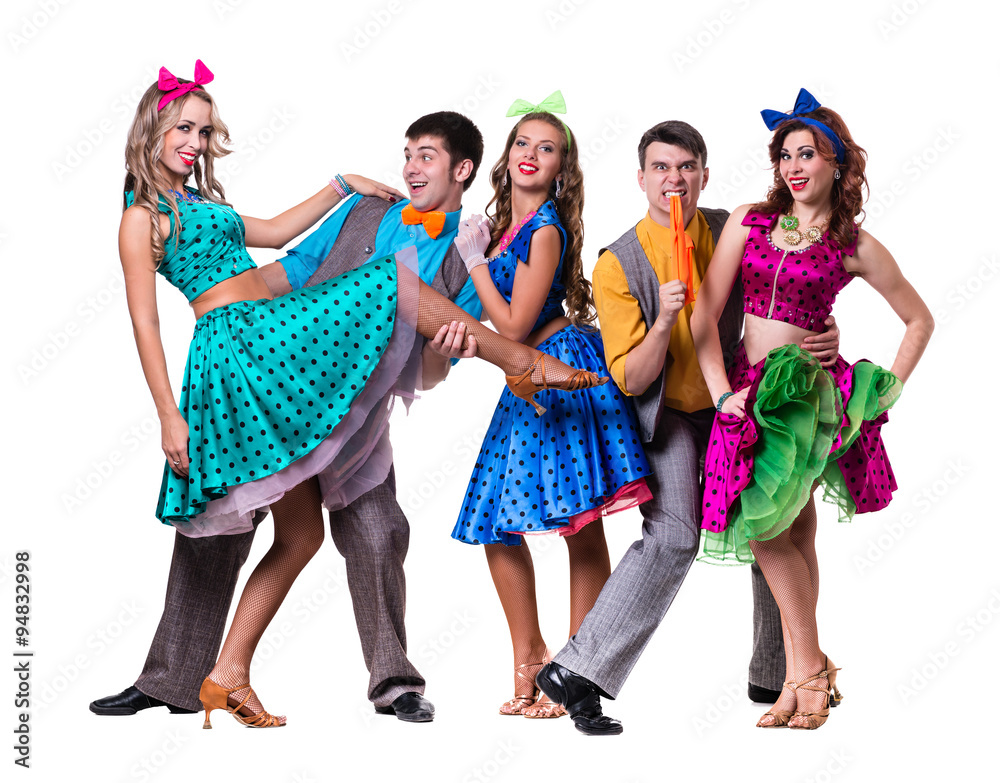 Fototapeta premium Cabaret dancer team dancing. Isolated on white background in full length