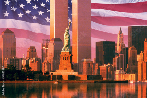Digital composite: New York skyline, American flag, World Trade Center, Statue of Liberty #94833380