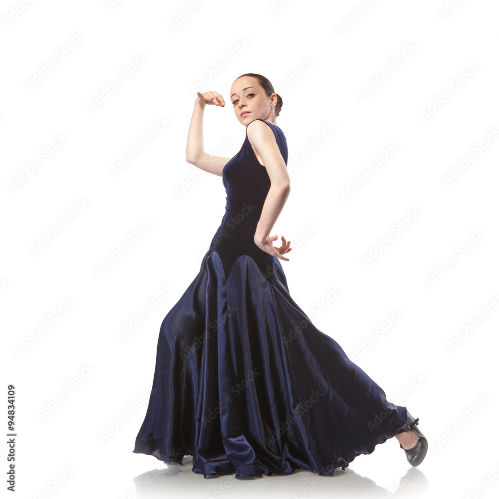 young woman dancing flamenco isolated on white