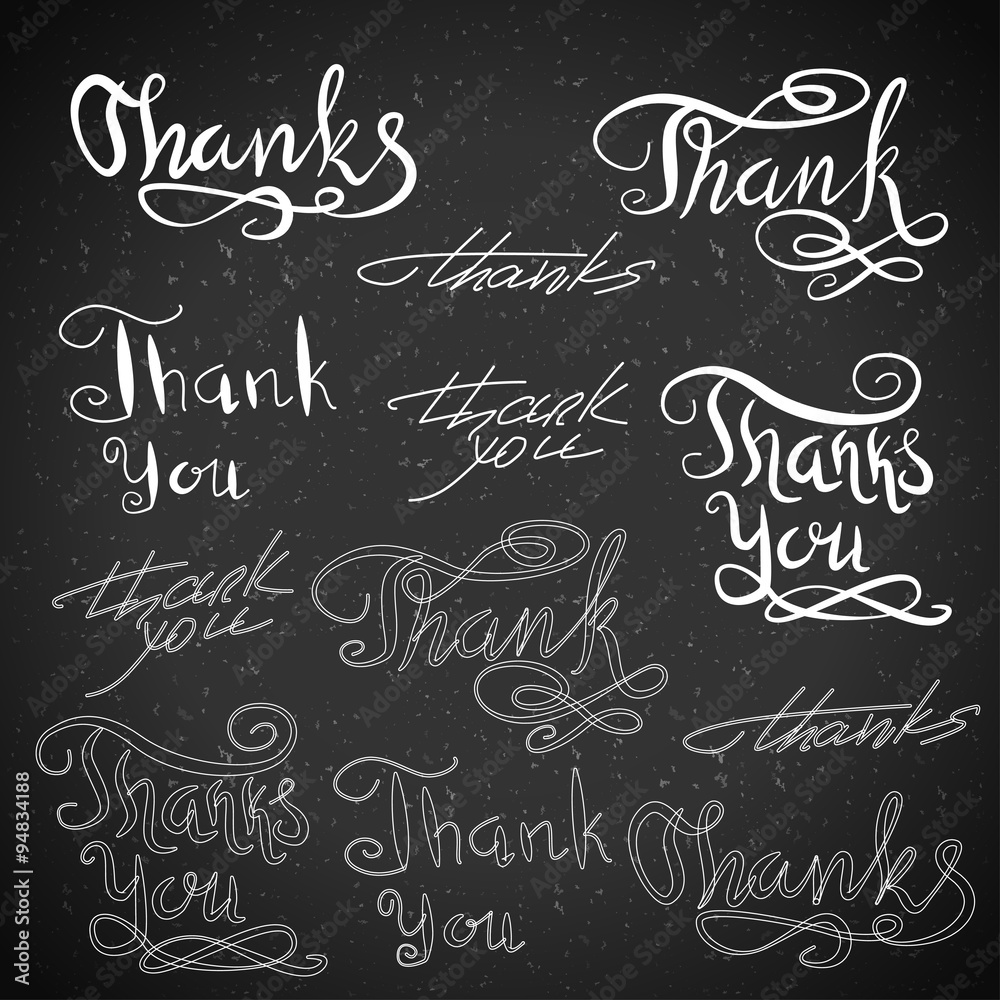Handwritten calligraphy. Vector set of Thank You. Typography isolated text elements on blackboard.