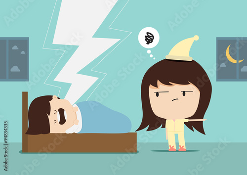 Snore man and woman angry for a sound of snoring