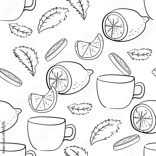 Seamless pattern of mint leaves, lemons and cups