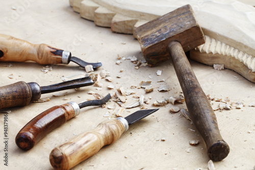 wood carvings, tools and processes work closeup