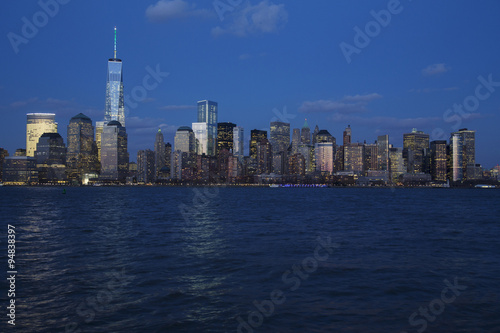 Panoramic view of New York City Skyline at dusk featuring One World Trade Center  1WTC   Freedom Tower  New York City  New York  USA  03.20.2014