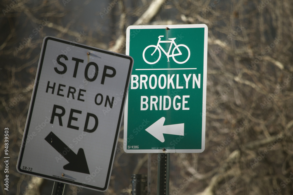 Sign directing to Brooklyn Bridge for bicycles, New York City, New York, USA, 03.21.2014