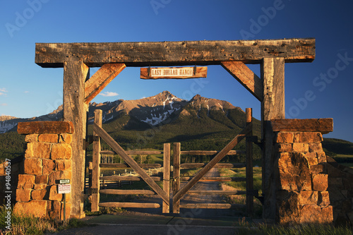 Historic Last Dollar Ranch gate, Hastings Mesa, Route 58p, near Ridgway, Colorado, USA, 06.29.2014