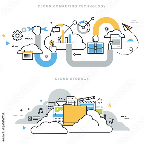Flat line design vector illustration concepts for cloud computing technology, cloud storage, cloud solutions, security and availability, for website banner and landing page.